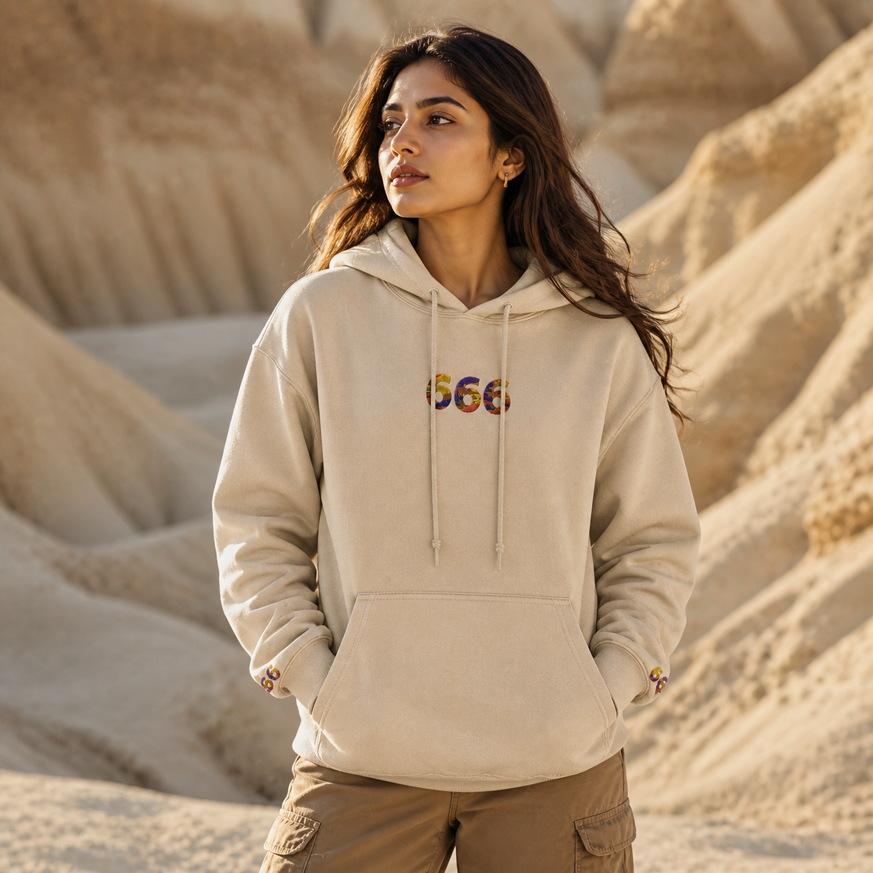 666 Desert Angel Number Hoodie in Sand – Bright Future product image