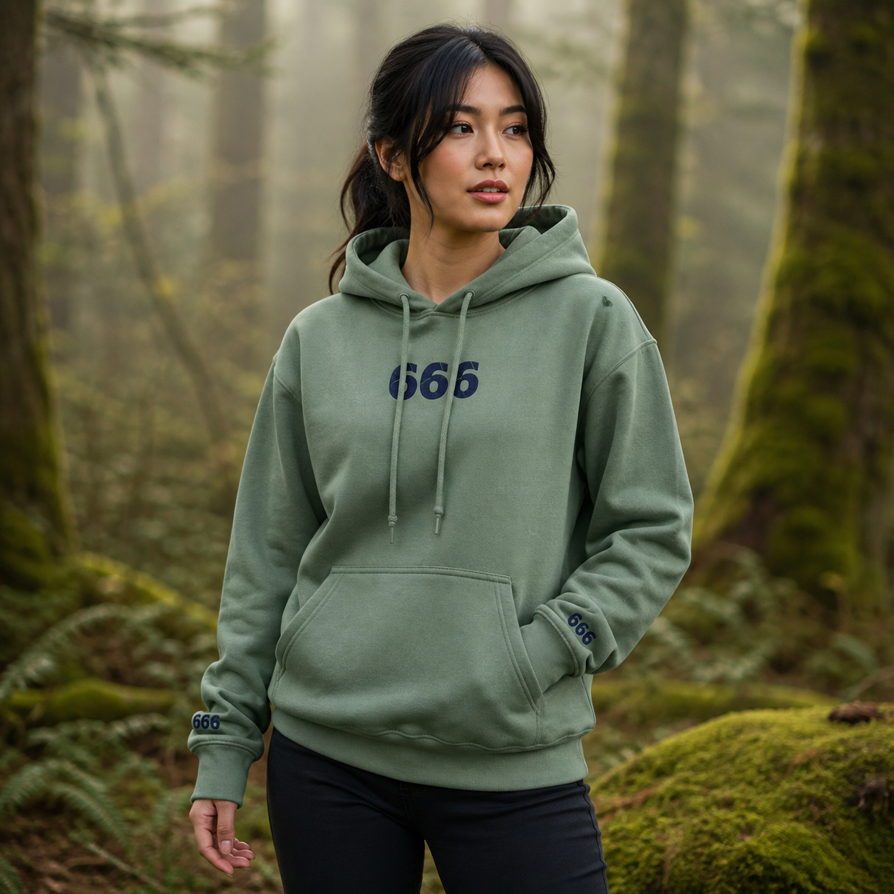 666 Forest Angel Number Hoodie in Military Green – Bright Future product image