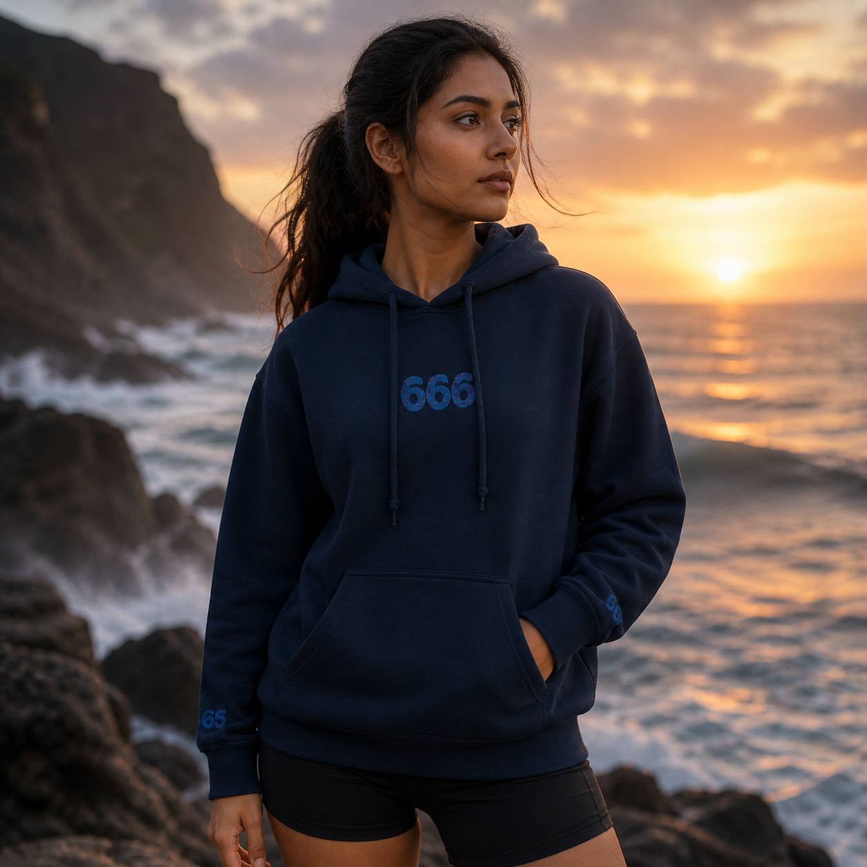 666 Ocean Angel Number Hoodie in Navy – Bright Future product image