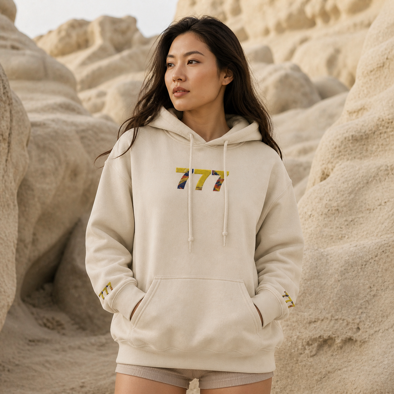 777 Desert Angel Number Hoodie in Sand – Bright Future product image