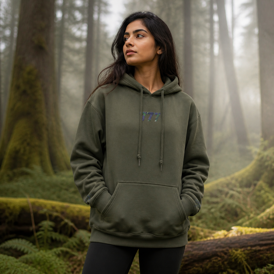 777 Forest Angel Number Hoodie in Military Green – Bright Future product image