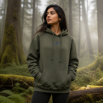 777 Forest Angel Number Hoodie in Military Green – Bright Future product image