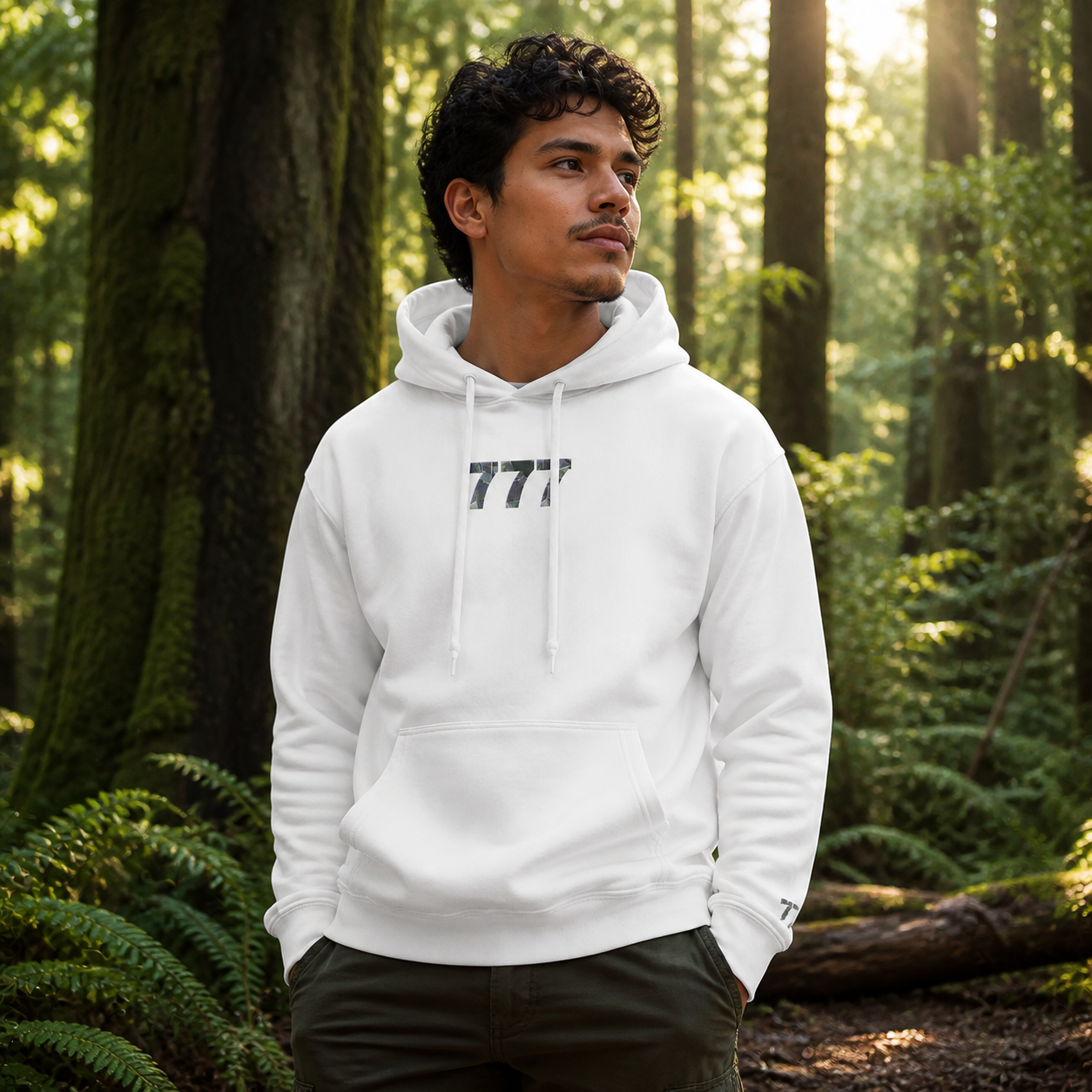 777 Forest Angel Number Hoodie in White – Bright Future product image