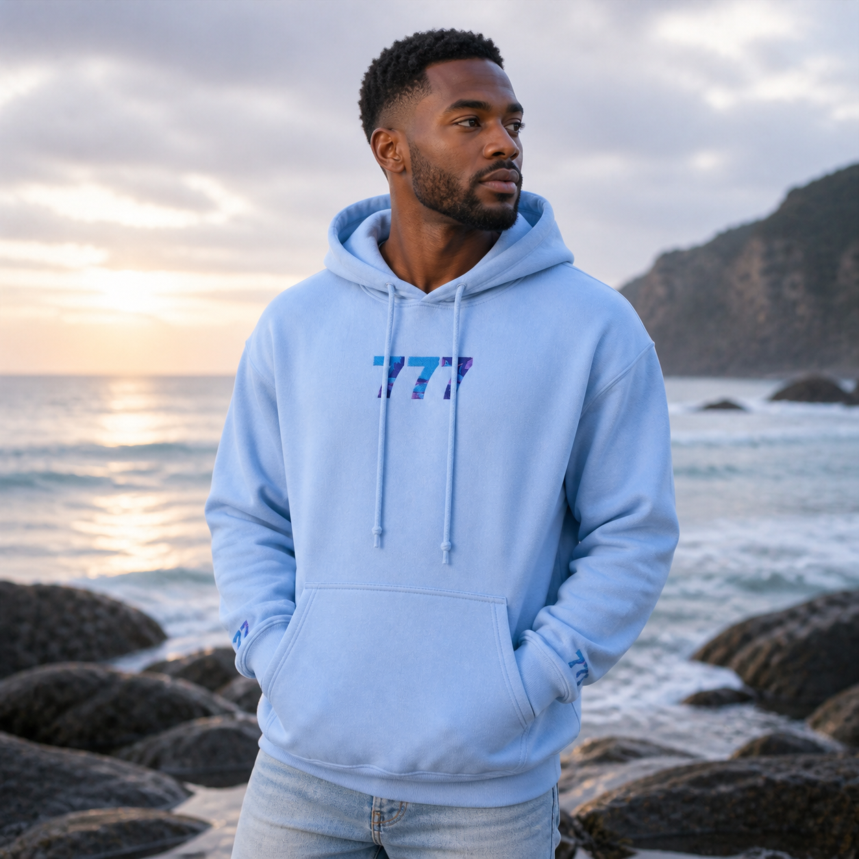 777 Ocean Angel Number Hoodie in Light Blue – Bright Future product image