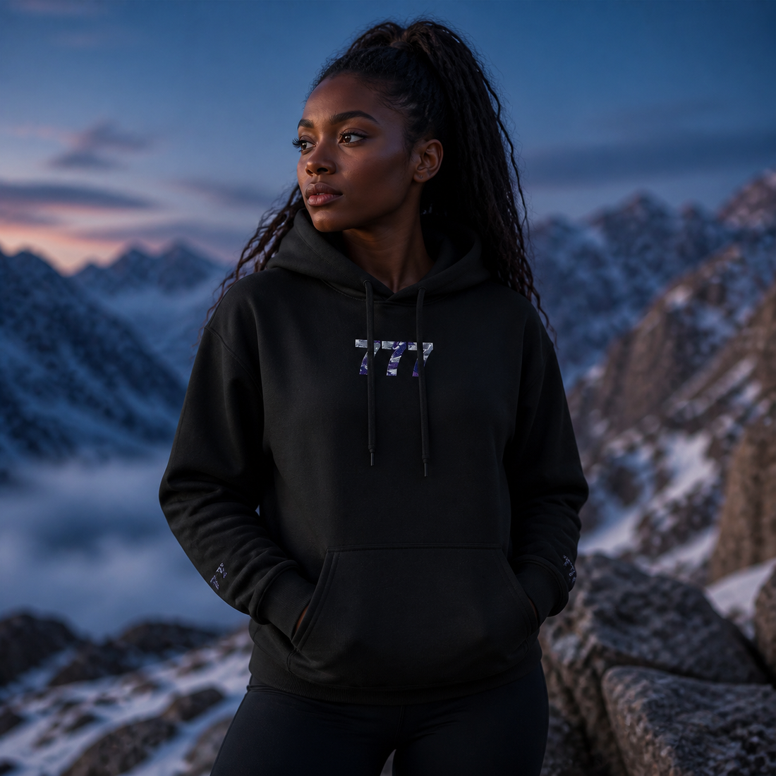 777 Snowy Mountain Angel Number Hoodie in Black – Bright Future product image