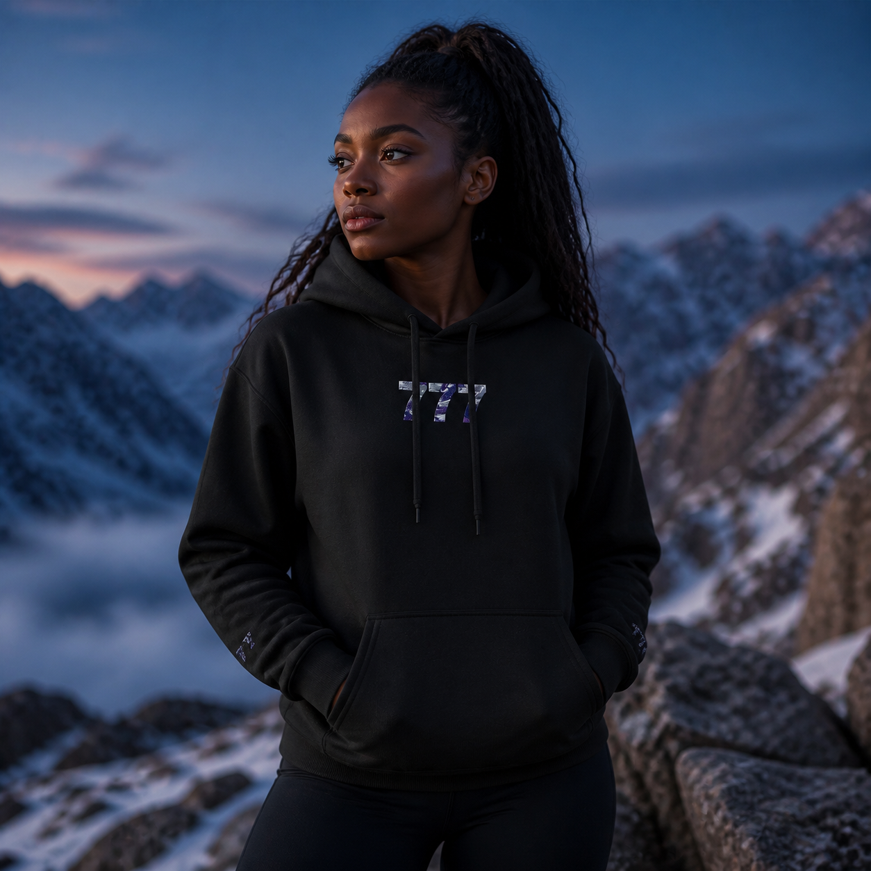 777 Snowy Mountain Angel Number Hoodie in Black – Bright Future product image