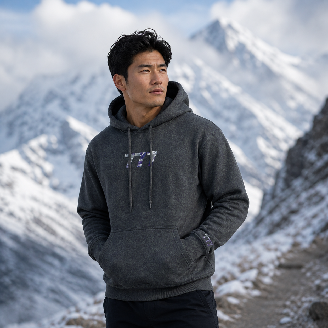 777 Snowy Mountain Angel Number Hoodie in Graphite Heather – Bright Future product image