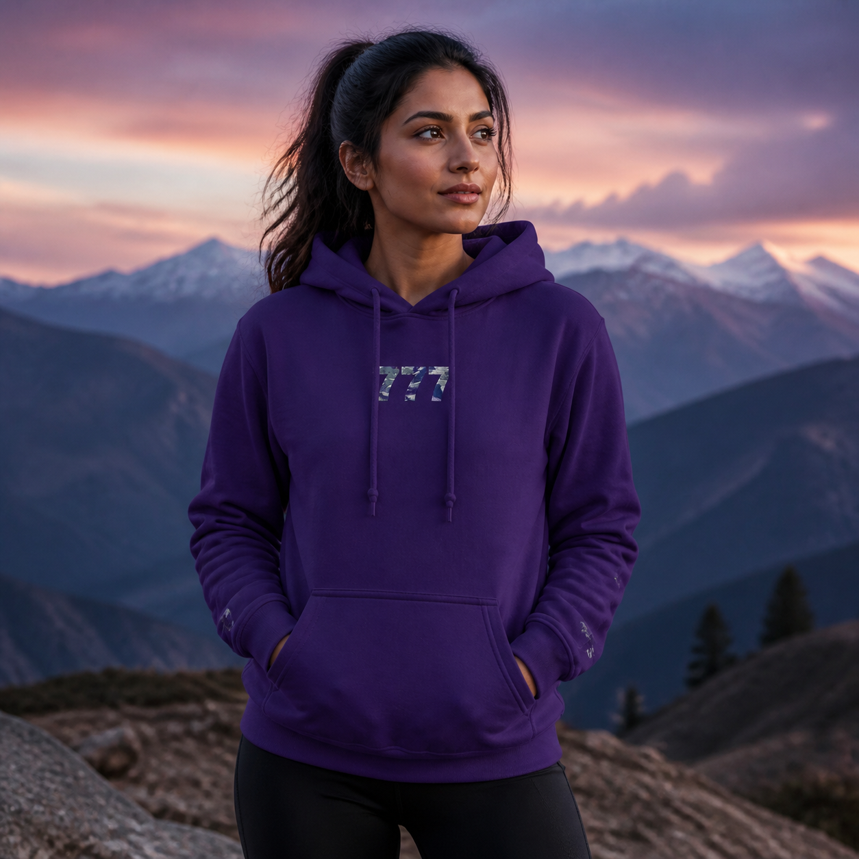 777 Snowy Mountain Angel Number Hoodie in Purple – Bright Future product image