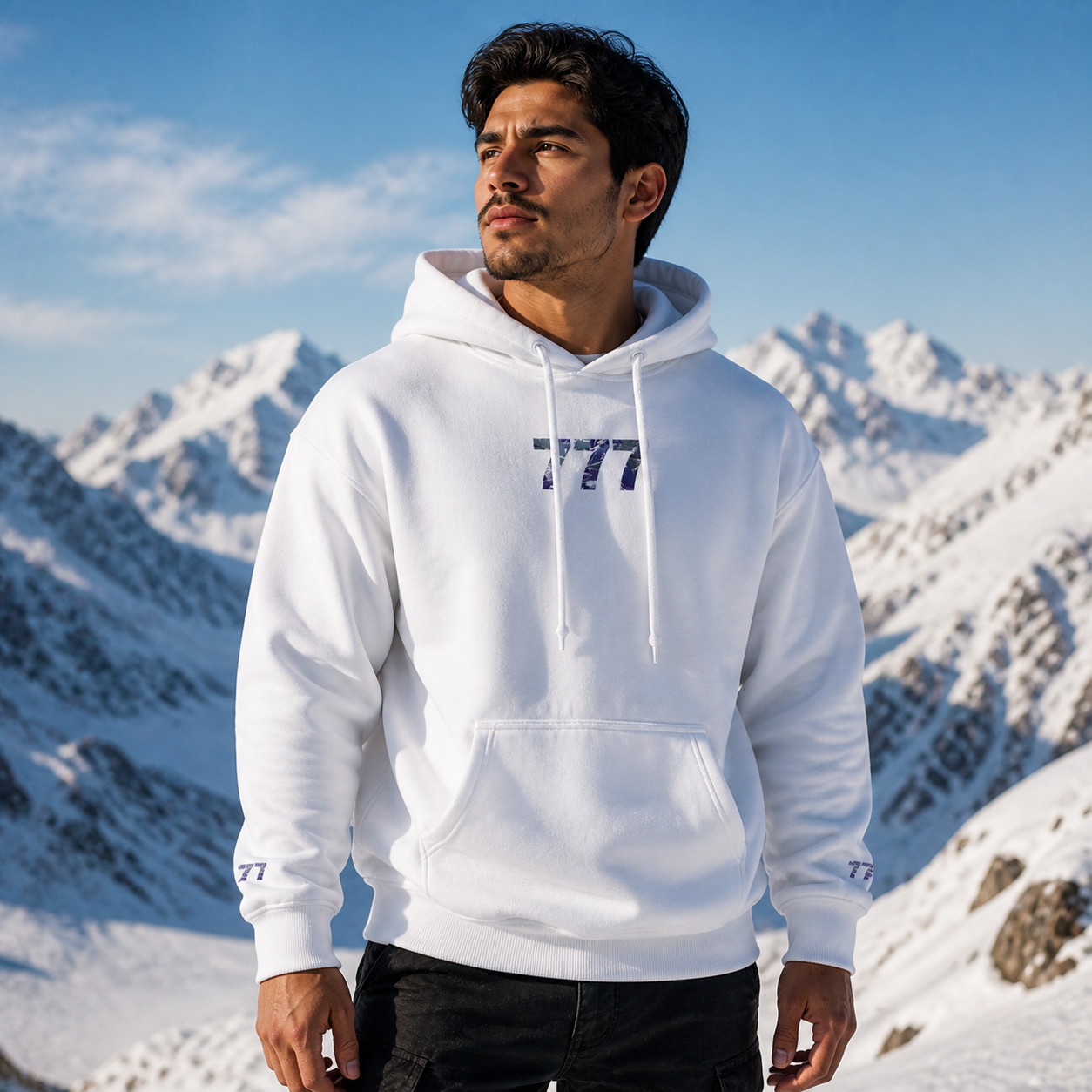 777 Snowy Mountain Angel Number Hoodie in White – Bright Future product image
