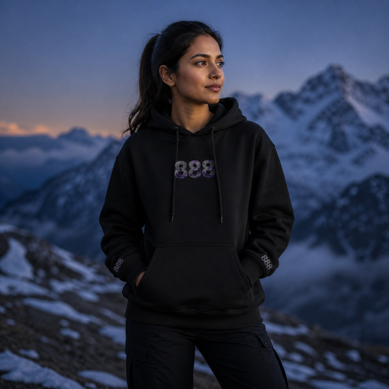 888 Snowy Mountain Angel Number Hoodie in Black – Bright Future product image
