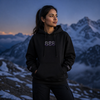 888 Snowy Mountain Angel Number Hoodie in Black – Bright Future product image