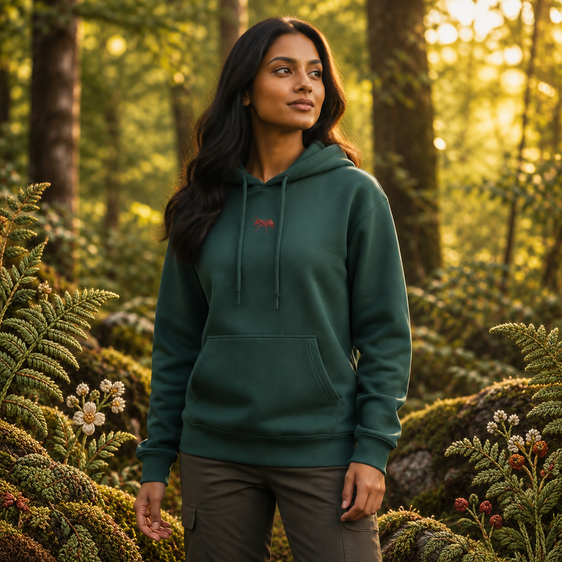 Ant Hoodie – Strength in Unity in Forest Green – Bright Future product image — realistic model in an embroidered nature scene.