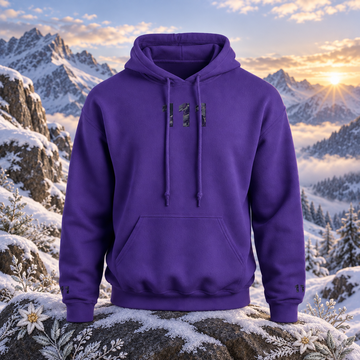 111 - Snowy Mountain - New Beginnings — original product design in a realistic scene with embroidered environmental details.