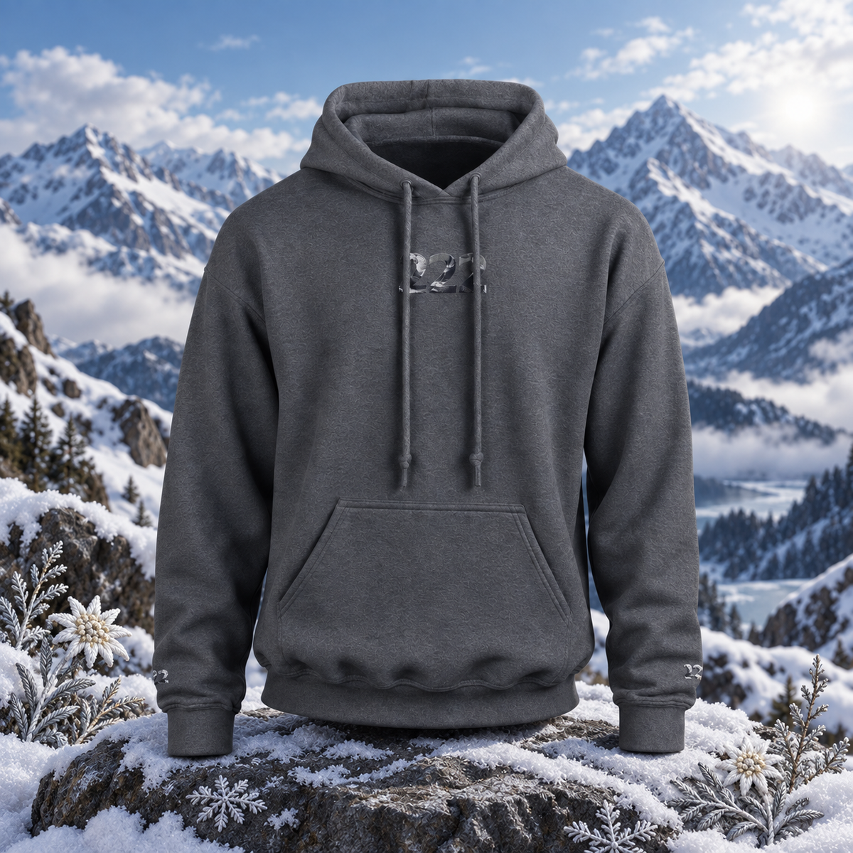 222 - Snowy Mountain - Balanced Alignment — original product design in a realistic scene with embroidered environmental details.