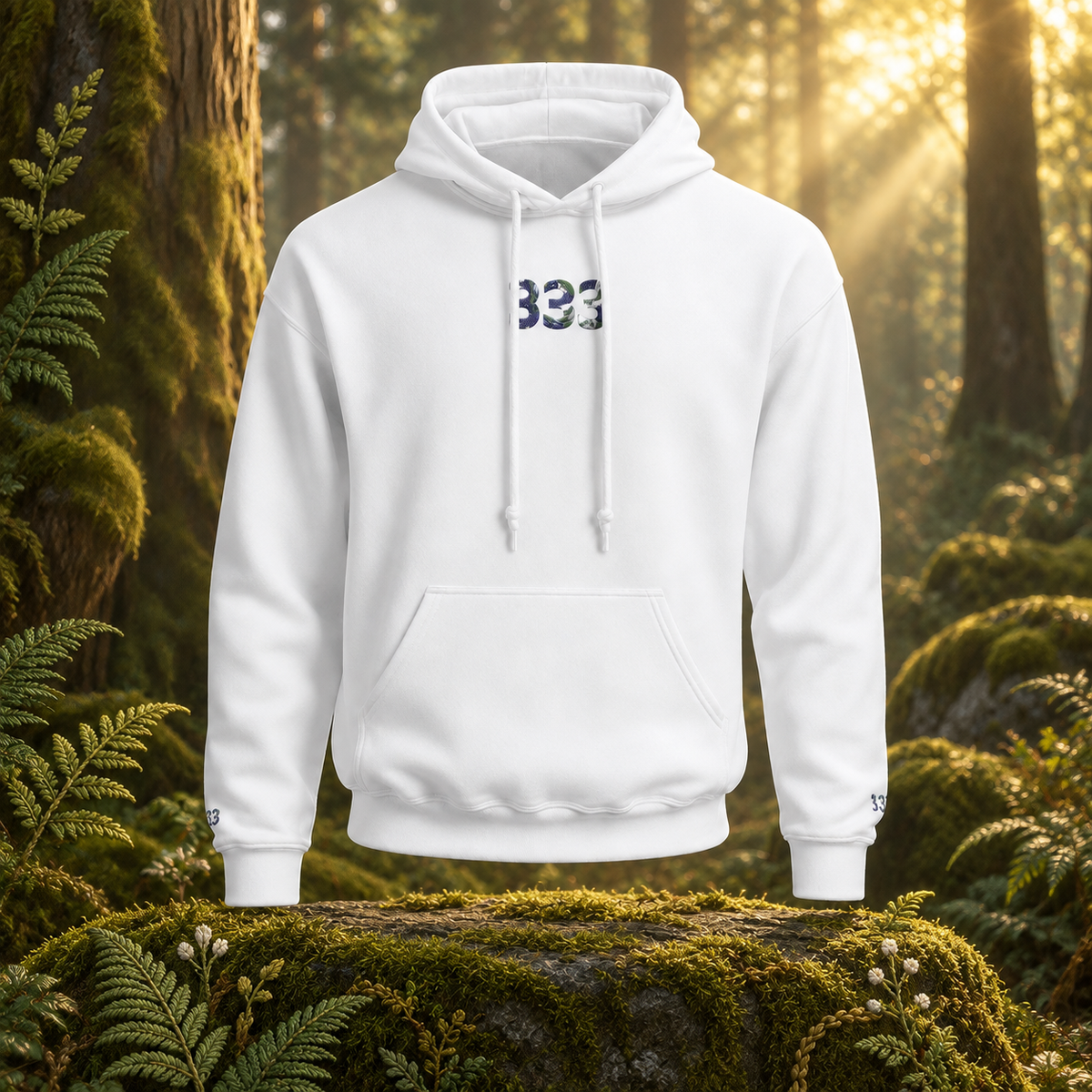333 - Forest - Divine Guidance hoodie in a realistic woodland setting with embroidered botanical details.