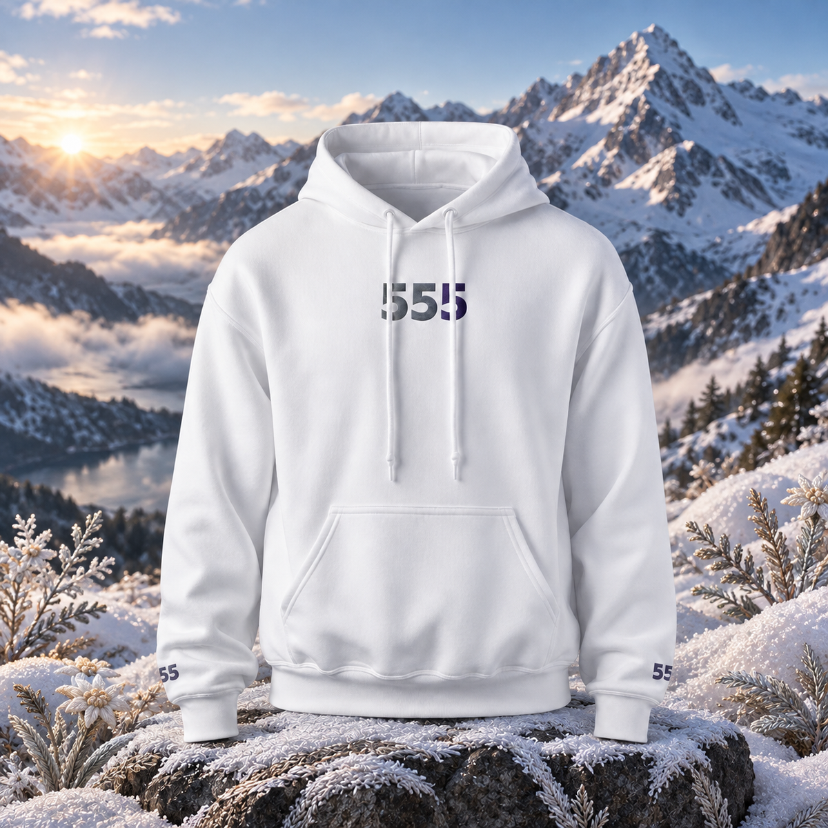 555 - Snowy Mountain - Positive Change — original product design in a realistic scene with embroidered environmental details.