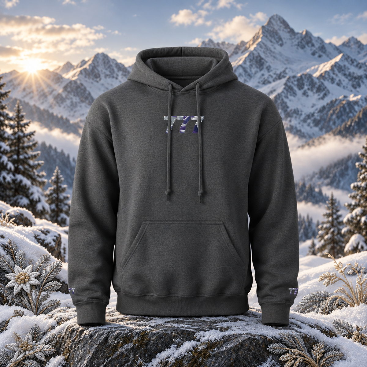 777 - Snowy Mountain - Spiritual Mastery — original product design in a realistic scene with embroidered environmental details.