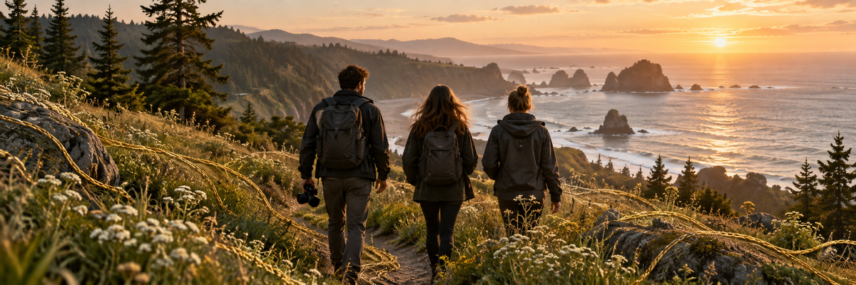 Three realistic adult friends seen from behind on a coastal walking trail at golden hour, wearing plain unbranded dark neutral layers with no product designs, one holding a camera, subtle embroidered gold paths weave through foreground wild grasses, creative community atmosphere