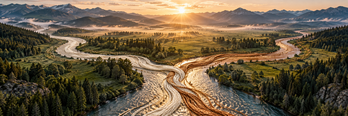 Two separate streams joining into one broad river in a meadow, embroidered cream and copper threads follow the flowing water and intertwine at the confluence, sunrise aerial vista