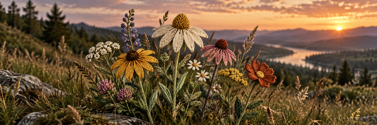 A cluster of diverse individually shaped embroidered wildflowers growing together among real meadow grasses under soft dusk light, each flower distinct, unity without conformity