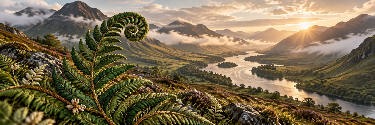 A sweeping Scottish highland valley with real emerald slopes and silver river, one large embroidered fern curling in the foreground, morning cloud and warm sun