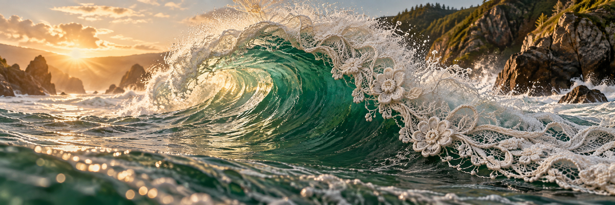 A real Atlantic wave curling across turquoise water, the foam turning into delicate white stitched lace, warm sunlight through sea spray, wild coastal beauty