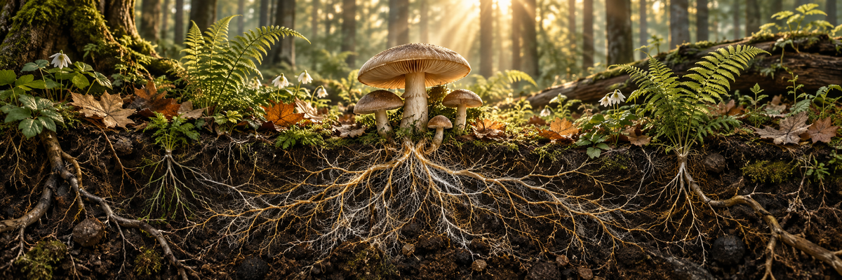 A cross-section inspired forest floor scene with real mushrooms ferns fallen leaves, fine embroidered root and mycelium network visible across a dark earthen bank, no diagram labels, poetic interconnected ecosystem