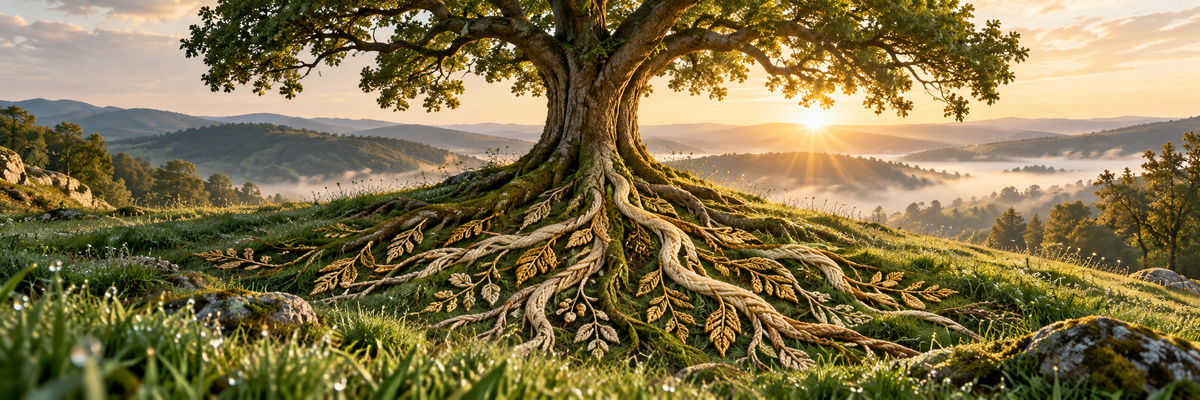Ancient oak on a green hillside at dawn, roots becoming cream and gold embroidery in living meadow