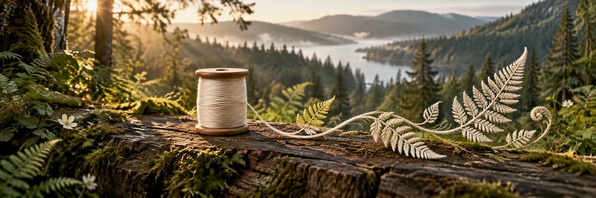 A single spool of natural cream thread resting on weathered wood at the edge of a woodland, thread gently becoming embroidered fern fronds, soft morning side light