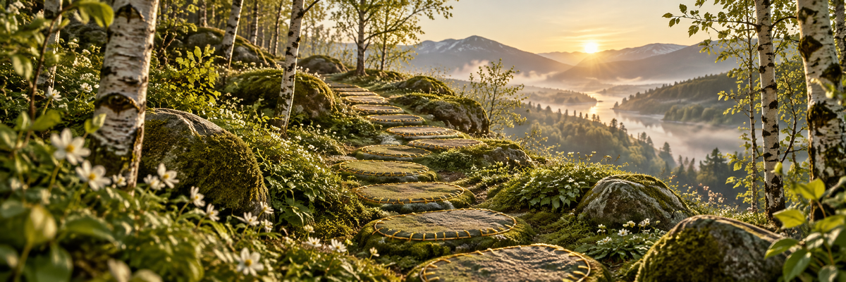 A winding mossy stepping-stone path through birch woodland, each stone edged by subtle gold hand stitches, fresh spring foliage, hopeful morning mist