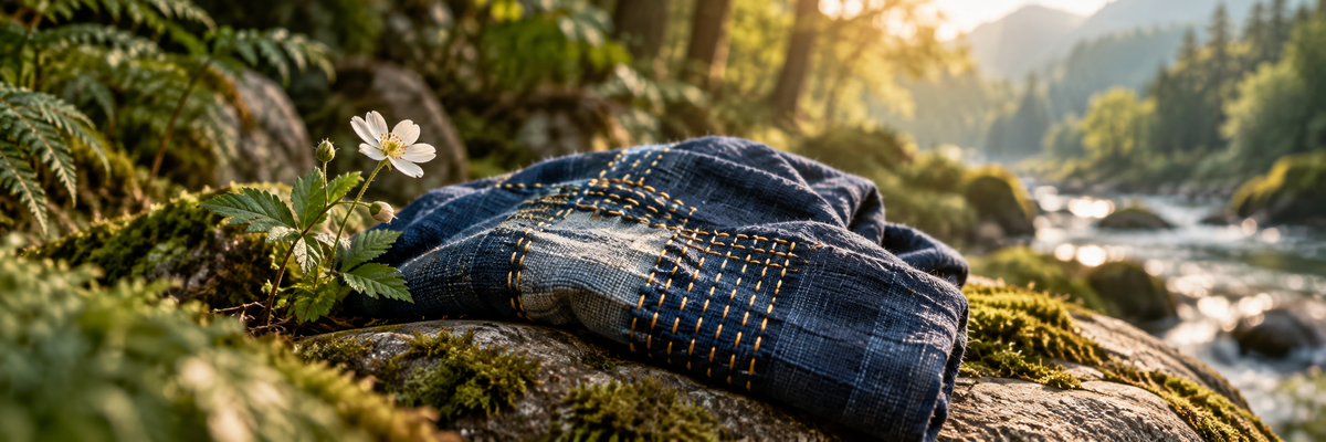 Intimate macro of carefully mended indigo cloth with beautiful gold running stitches beside a small wildflower on stone, natural soft windowlike forest light, tactile care and longevity
