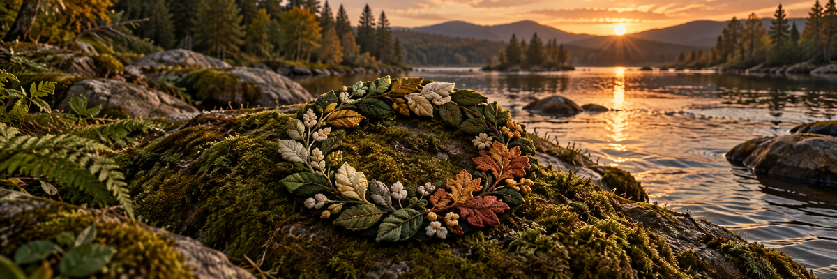 A circular wreath of embroidered leaves lying on a real mossy riverbank, gentle ripples reflecting amber evening sky, tranquil circle of seasons