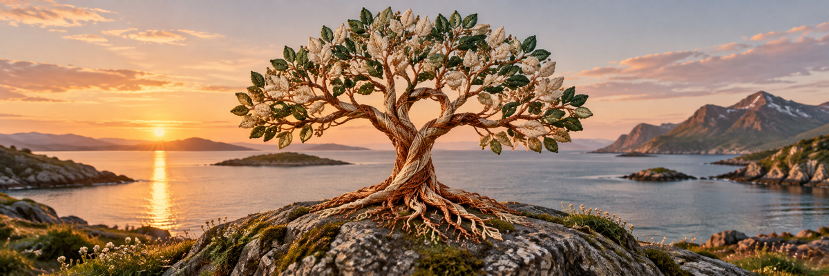 A sculptural embroidered Tree of Life made of copper and cream threads standing on a real weathered coastal rock, branching canopy against pastel dawn and calm water