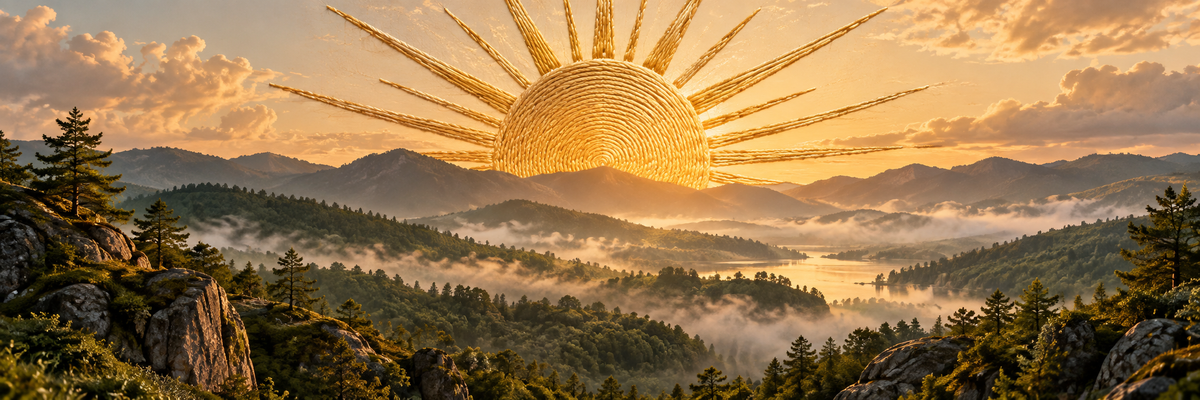 A large sun motif made from richly raised gold thread emerging behind real misty hills, warmth and vitality expressed through natural amber light and stitched rays
