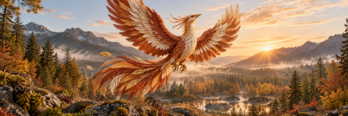 An embroidered phoenix with russet copper and warm cream plumage rising gracefully above a real autumn woodland clearing, subtle sunrise glow, no flames destroying habitat