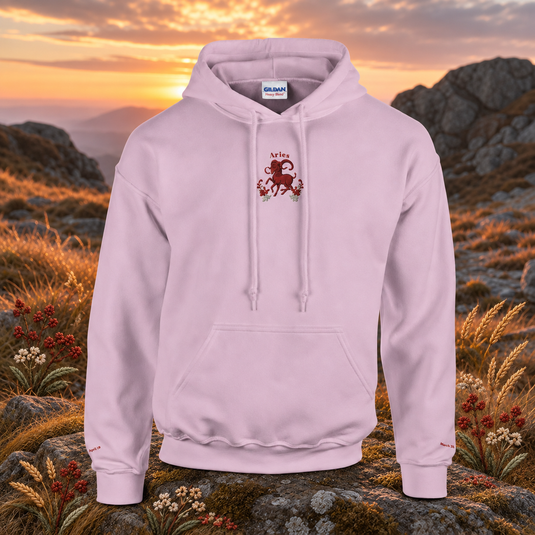Aries (March 21 - April 19) – The Trailblazer — original product design in a realistic scene with embroidered environmental details.