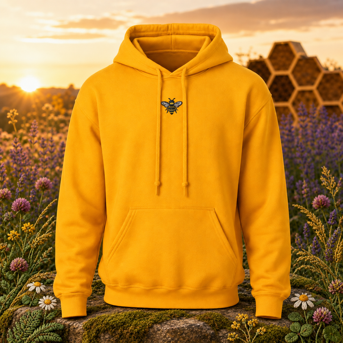 Bee – Strength in Community — original product design in a realistic scene with embroidered environmental details.
