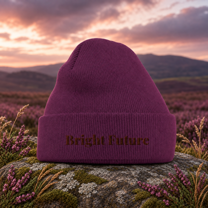 Bright Future Beanie — original product design in a realistic scene with embroidered environmental details.