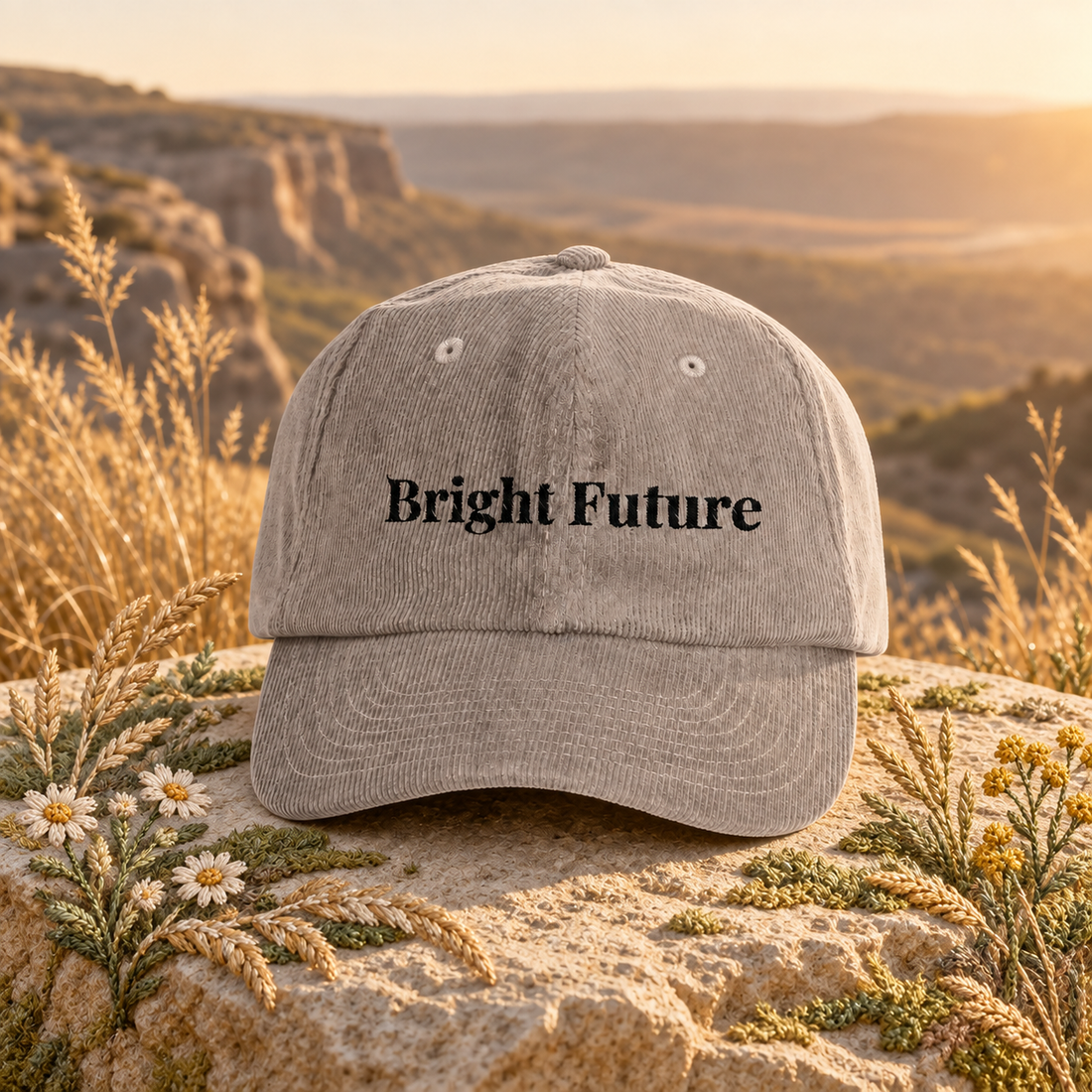 Bright Future Corduroy Hat — original product design in a realistic scene with embroidered environmental details.