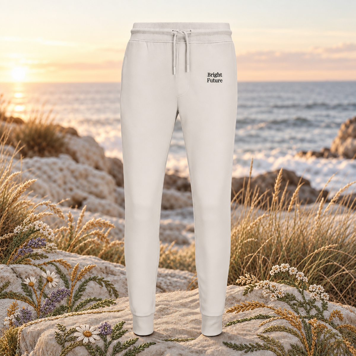 Bright Future Jogging Pants — original product design in a realistic scene with embroidered environmental details.