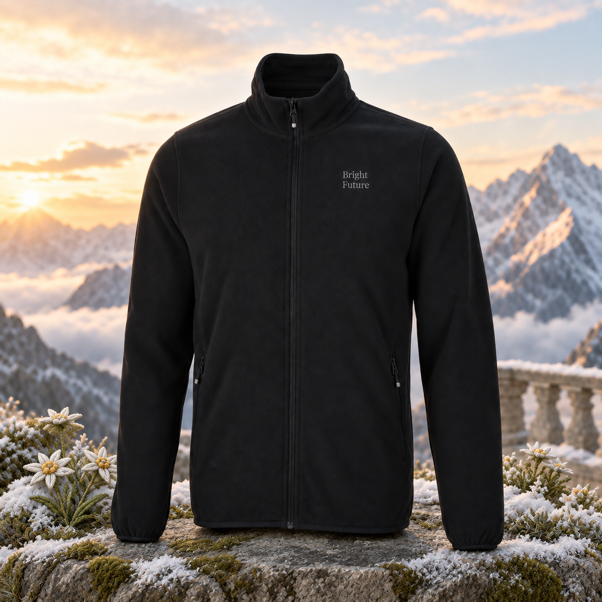 Bright Future Factor Microfleece Jacket — original product design in a realistic scene with embroidered environmental details.