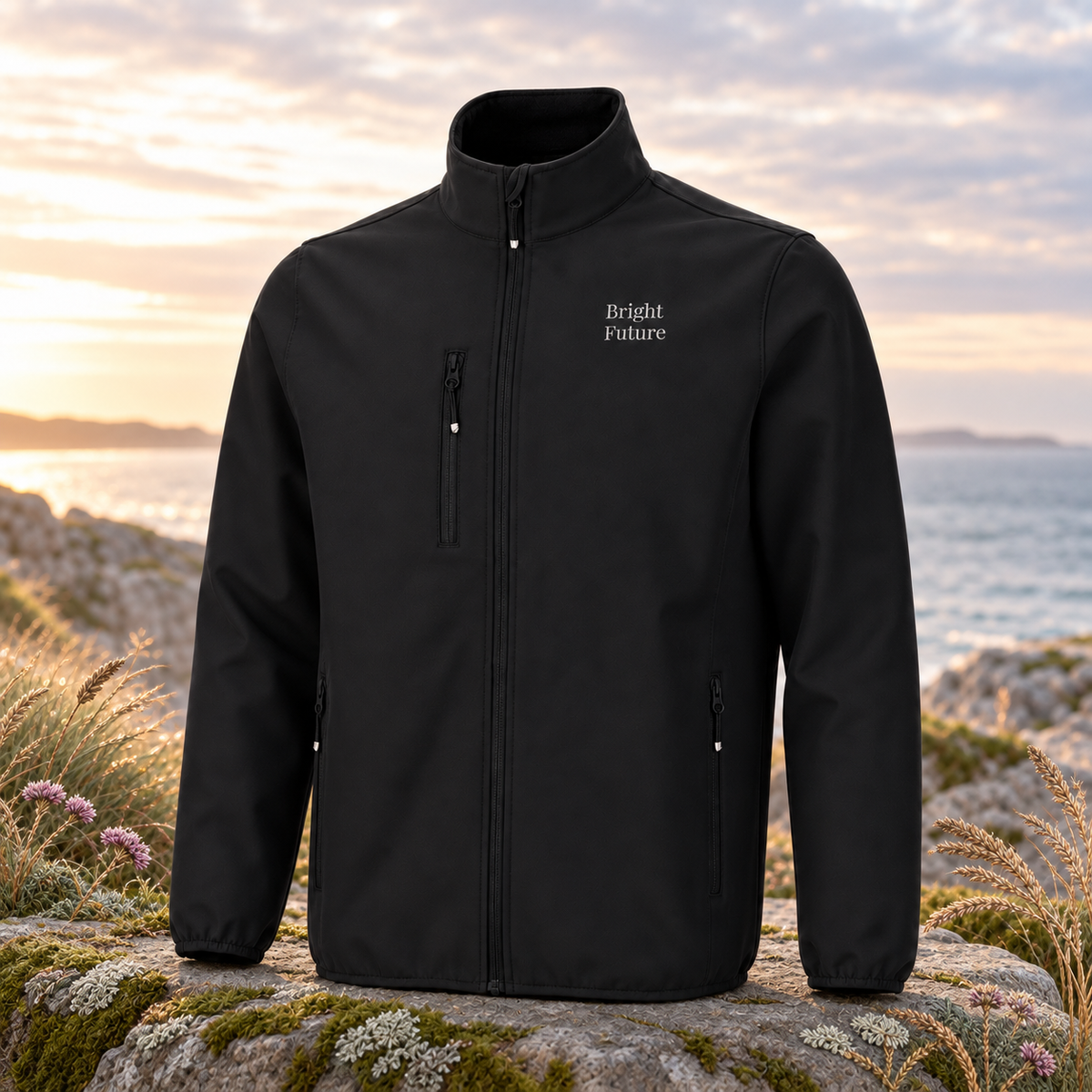 Bright Future Falcon Softshell Jacket — original product design in a realistic scene with embroidered environmental details.