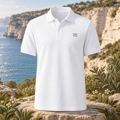 Bright Future Premium Piqué Polo Shirt — original product design in a realistic scene with embroidered environmental details.