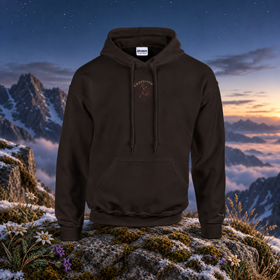 Capricorn (December 22 - January 19) – The Ambitious Achiever — original product design in a realistic scene with embroidered environmental details.