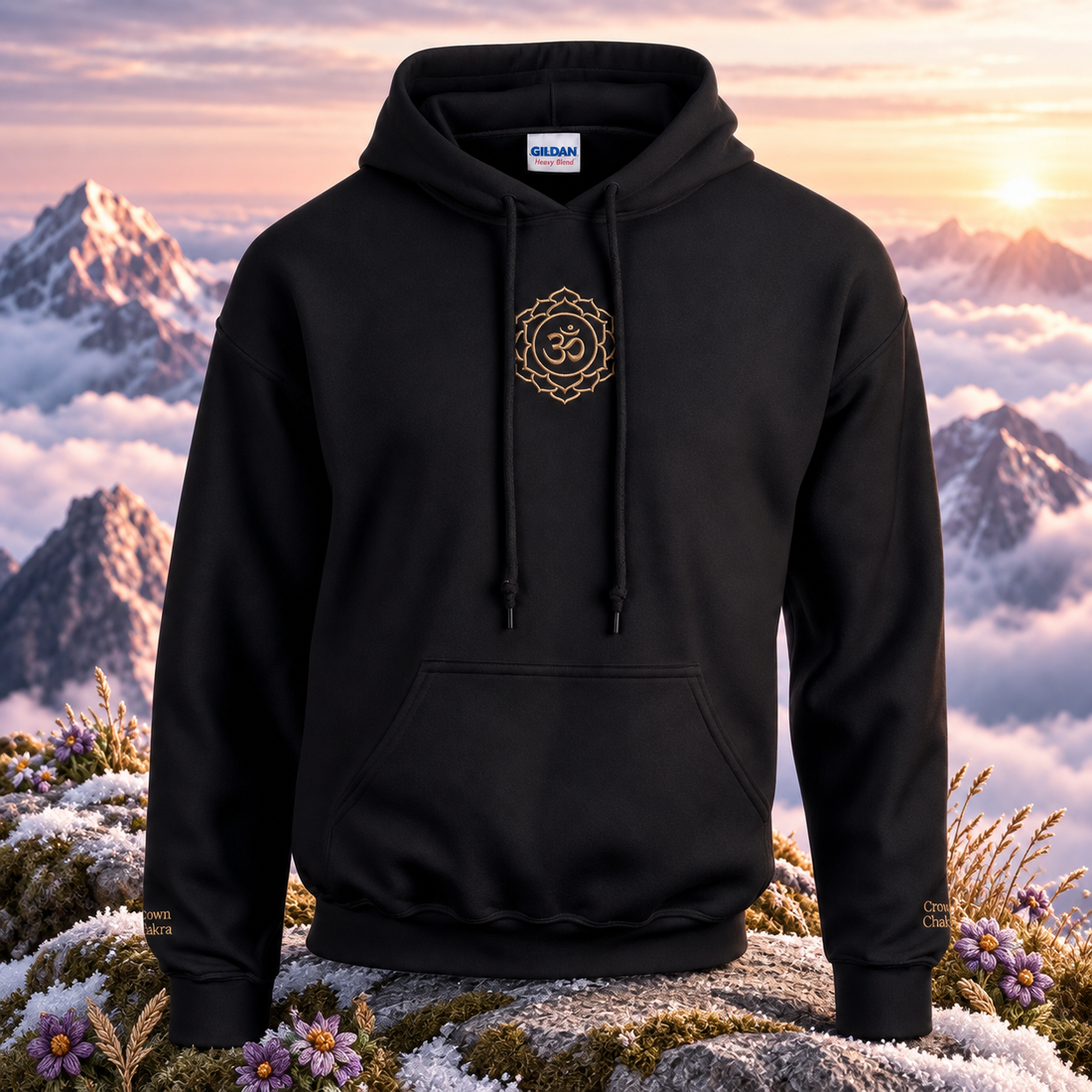Crown Chakra (Sahasrara) — original product design in a realistic scene with embroidered environmental details.