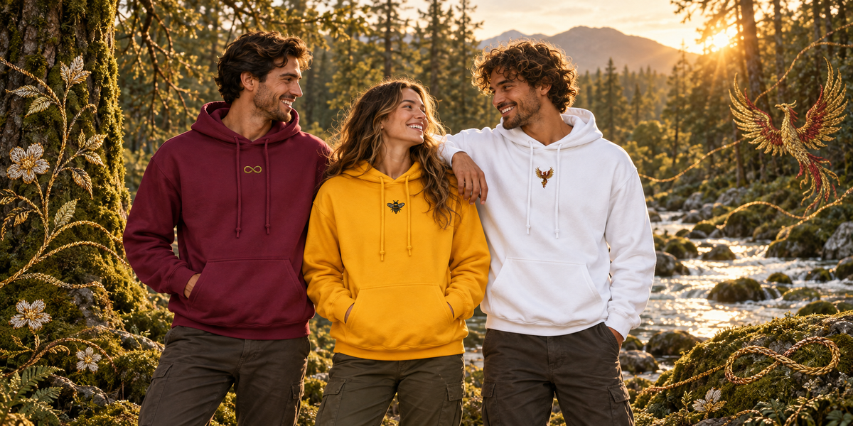 Campaign artwork of three friends wearing burgundy Infinity, gold Bee and white Phoenix hoodies beside a forest river with embroidered botanical details.