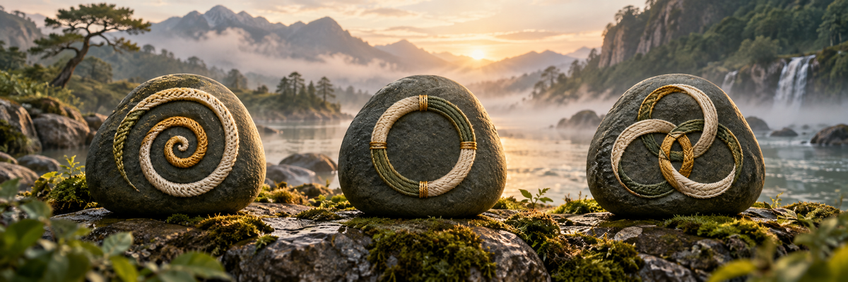 Three separate sculptural thread motifs a spiral, simple circle and balanced interlocking arcs displayed on river stones against a misty landscape, respectful exploration of meaning