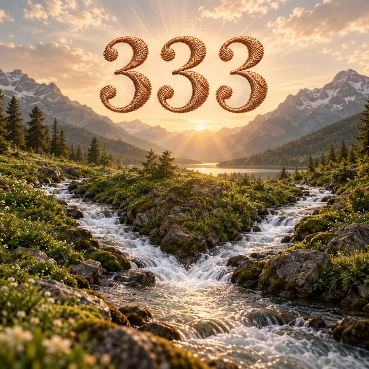 The exact digits 333 formed from copper embroidery above two real converging streams, angel numbers