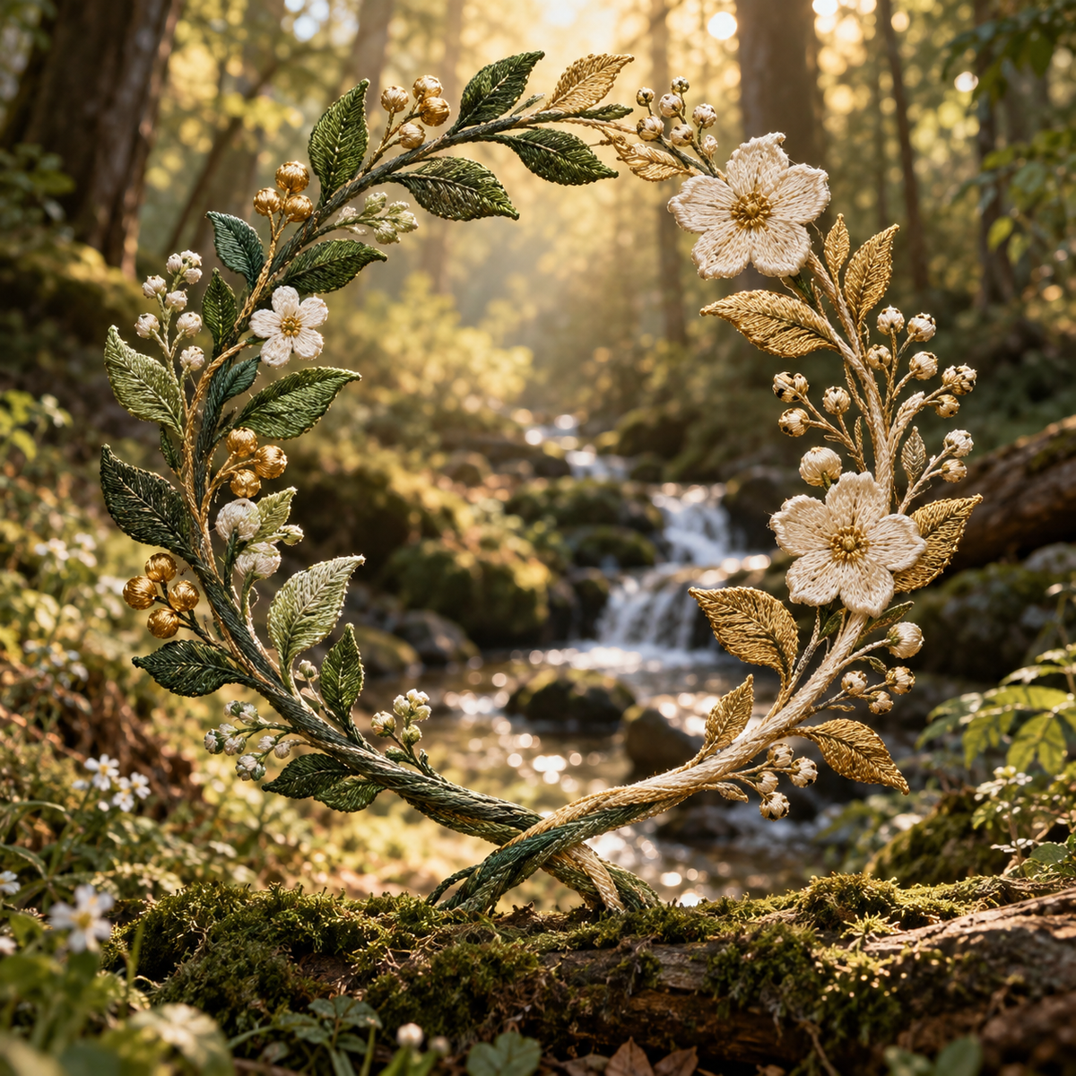 Two intertwined embroidered botanical stems forming a graceful circle against a real warm woodland, best sellers symbolism