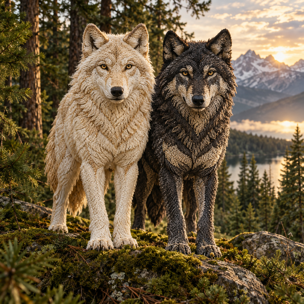 Two embroidered wolves in cream and charcoal thread side by side in a real pine forest, power animals
